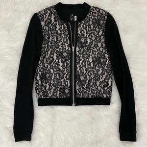 H&M Black Lace Bomber Jacket With Nude Base, Size Small